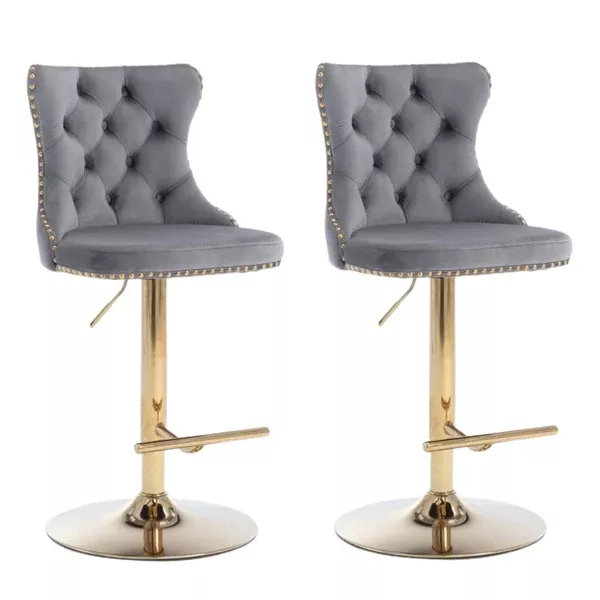 2x Height Adjustable Swivel Bar Stool Velvet Studs Barstool with Footrest and Golden Base- Black