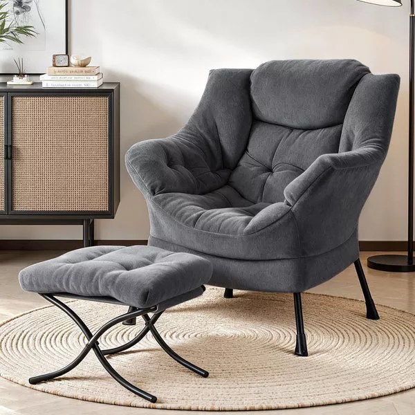 Accent Chair Ottoman | Velvet Lounge Footrest | Grey