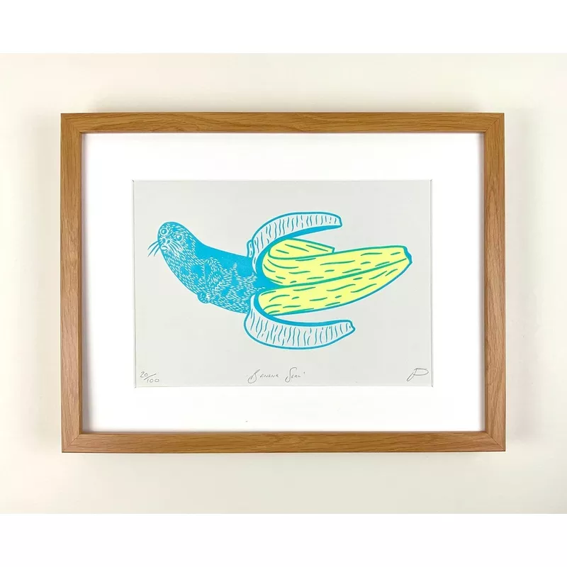 ‘Banana Seal’ Riso Art Print|Sky Blue & Fluoro Yellow|Red & Fluoro Pink|A4