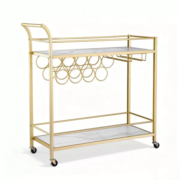 Bar Cart | Marble Top Drinks Trolley | Wine Rack + Glass Holder | 85cm | Gold