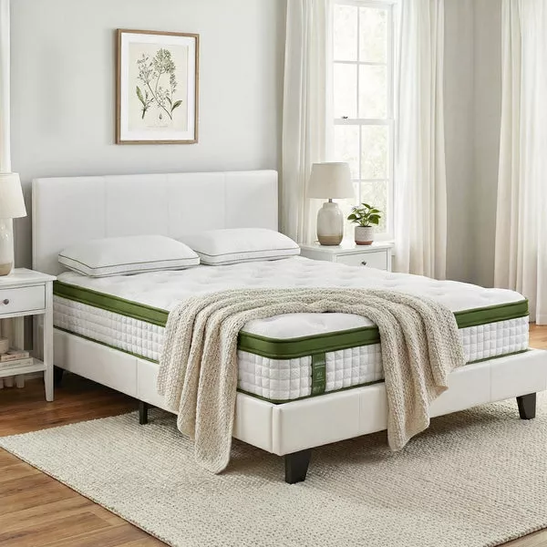 Double Bed Frame + Hybrid Mattress Set | White PVC Leather | Modern Platform