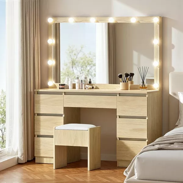 Dressing Table Set | 12 LED Bulbs | Stool Included | Wood