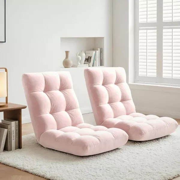 Floor Lounge Sofa Bed Set 2pc | Flannel Fabric | Pink