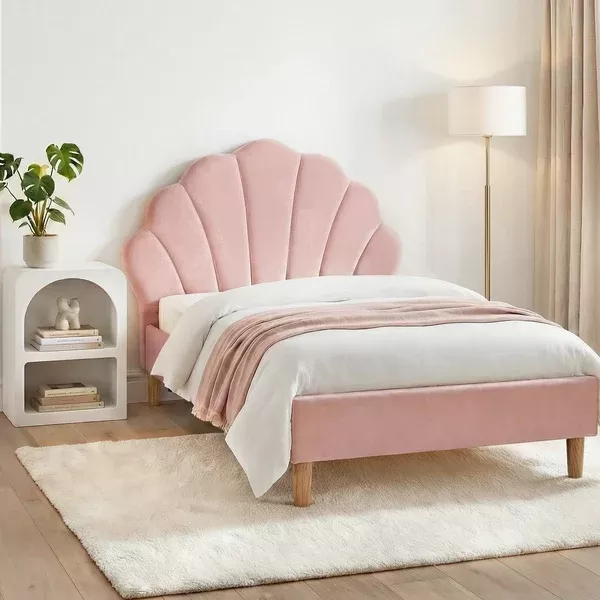 King Single Bed Frame + Bedside Table Set | Scallop Headboard | Pink Velvet