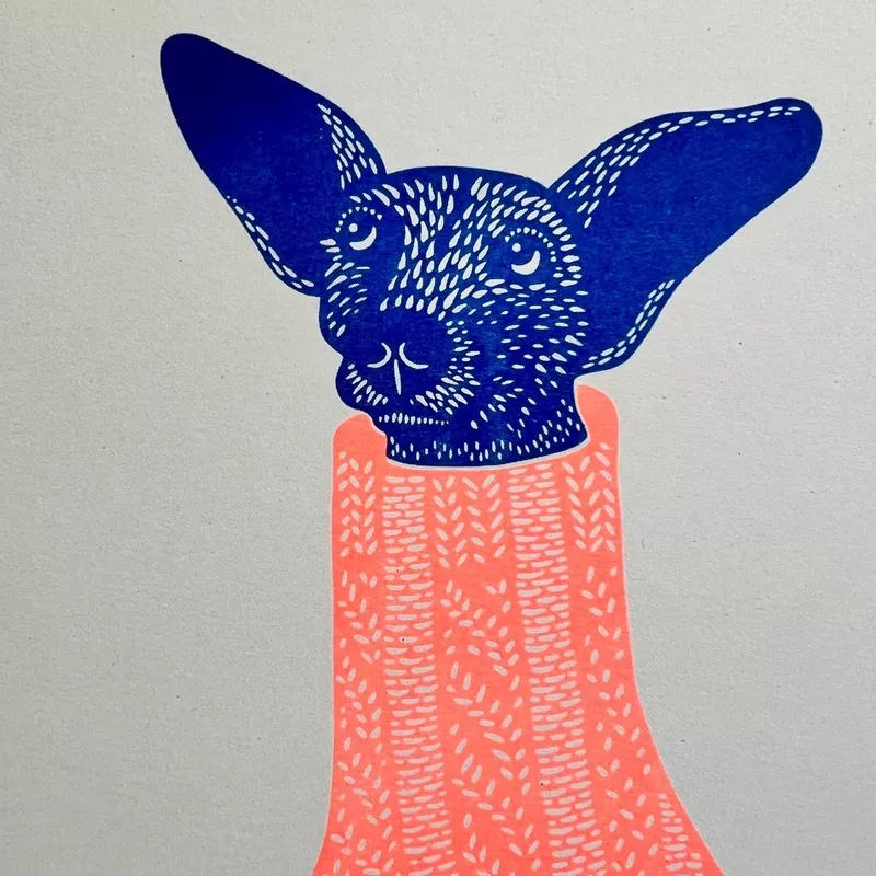‘Knit Picker’ Whippet Dog in Knitted Jumper Riso Art Print