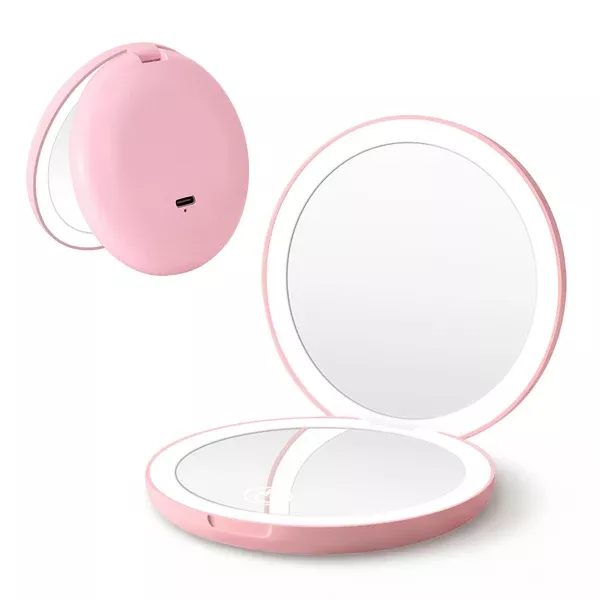 LED Compact Mirror | Round Travel Makeup Mirror | 10x Magnification | Pink