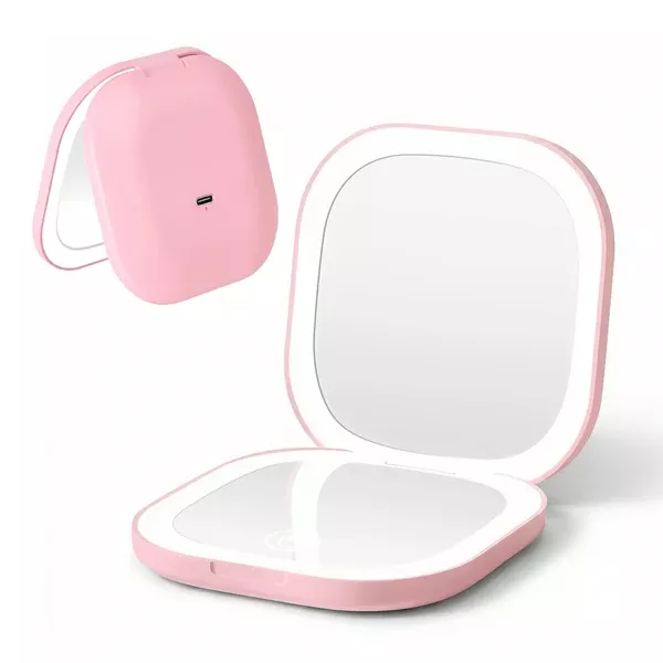 LED Compact Mirror | Square Travel Makeup Mirror | 10x Magnification | Pink