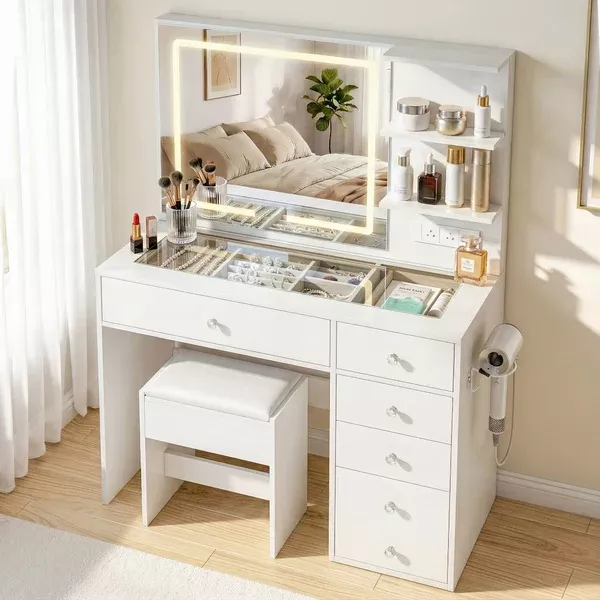 LED Vanity Set | Dressing Table + Stool | White Finish