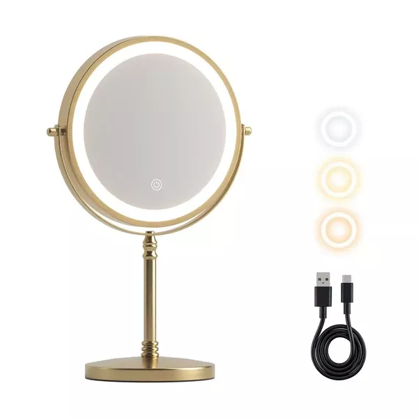 Lighted Makeup Mirror | 10x Magnifying Double Sided Table Mirror | Gold