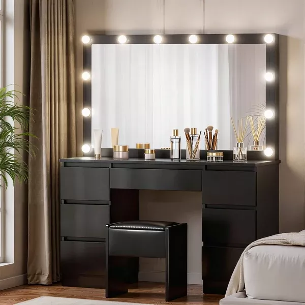 Makeup Vanity Set | 12 LED Bulbs | Stool Included | Black