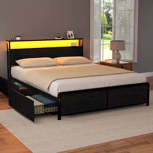 Metal Bed Frame | Queen | Storage Headboard | LED + Charging Station | 4 Drawers