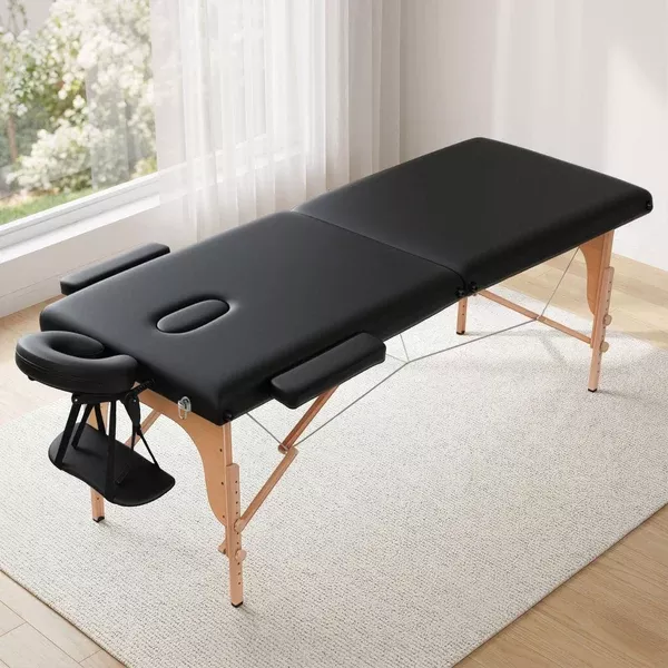Portable Massage Table | 70cm 2-Fold Wooden Therapy Bed | Black