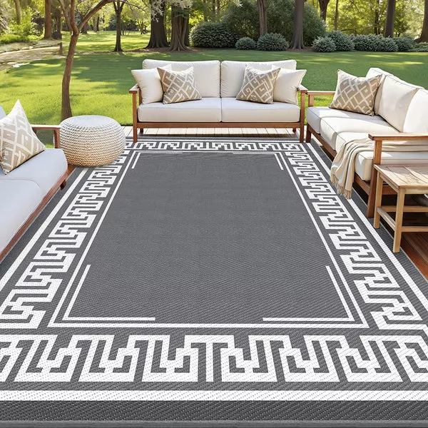 Reversible Outdoor Rug | 274x366cm | PP Dual-Sided Patio Mat | Greek Key