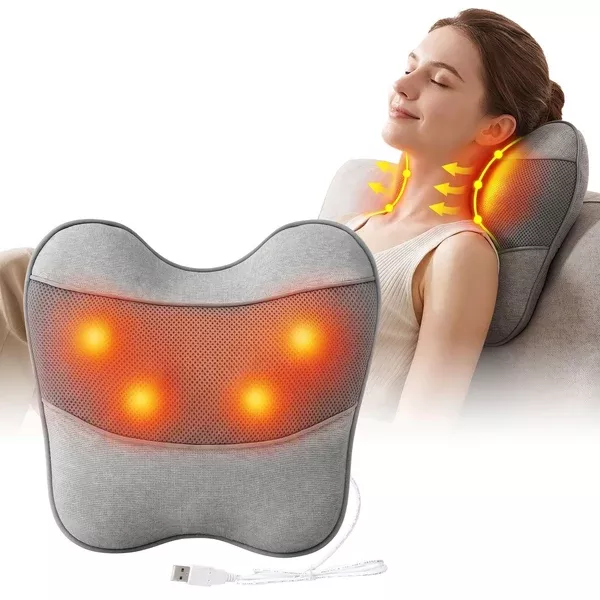 USB Massage Pillow | Heated Neck & Shoulder Support Cushion | Grey