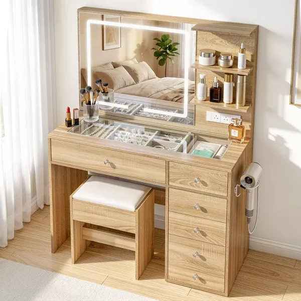 Vanity Desk Set | LED Mirror Table + Stool | Wood Finish