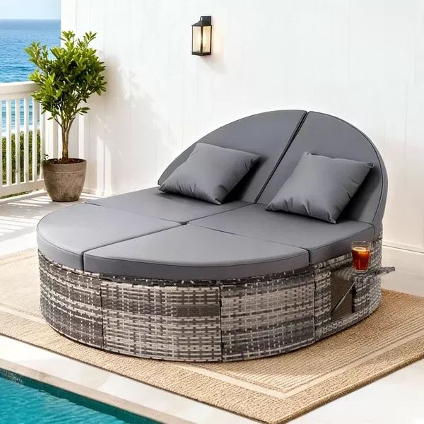 Wicker Day Bed | Outdoor Sun Lounge | Retractable Side Tray Included