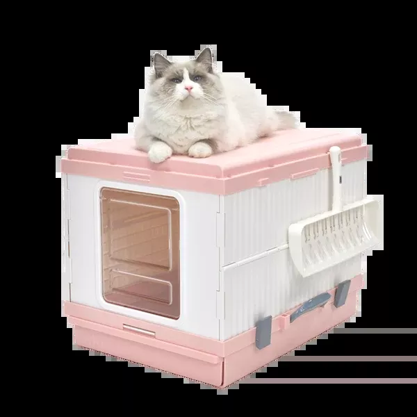 XL Portable Cat Toilet Litter Box Tray Foldable House | with Handle and Scoop, Pink