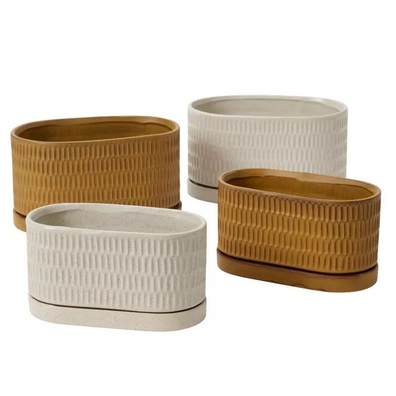Zelle Planter with Saucer|8″ x 4″ x 4.5″|Ochre|Off-white